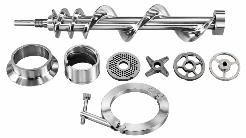 JR Series meat grinder components — auger, perforated plates, cutting blades and gearbox assembly